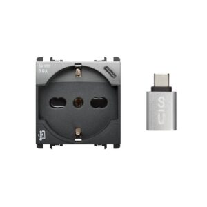 Presa P40+Usb 3.0A Con Uscita Tipo "C", 2 Moduli, Nea, Acciaio Scuro URMET 10312/2AC