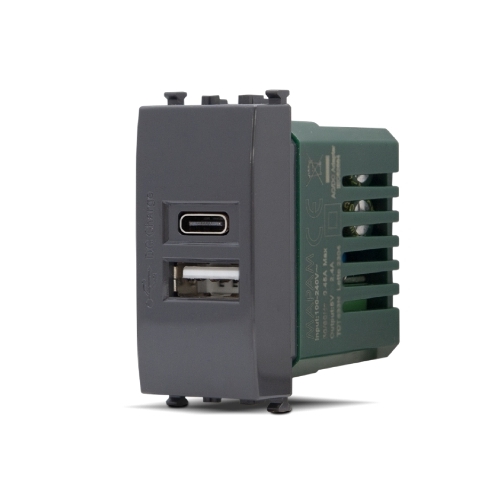 Presa Usb 5V=2.4A A+C T2-Gem Nero MAPAM 633N Compatibile VIMAR PLANA