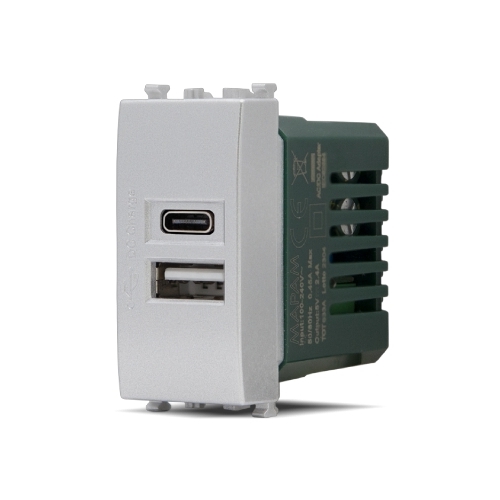 Presa Usb 5V=2.4A A+C T2-Gem Alluminio MAPAM 633A Compatibile VIMAR PLANA