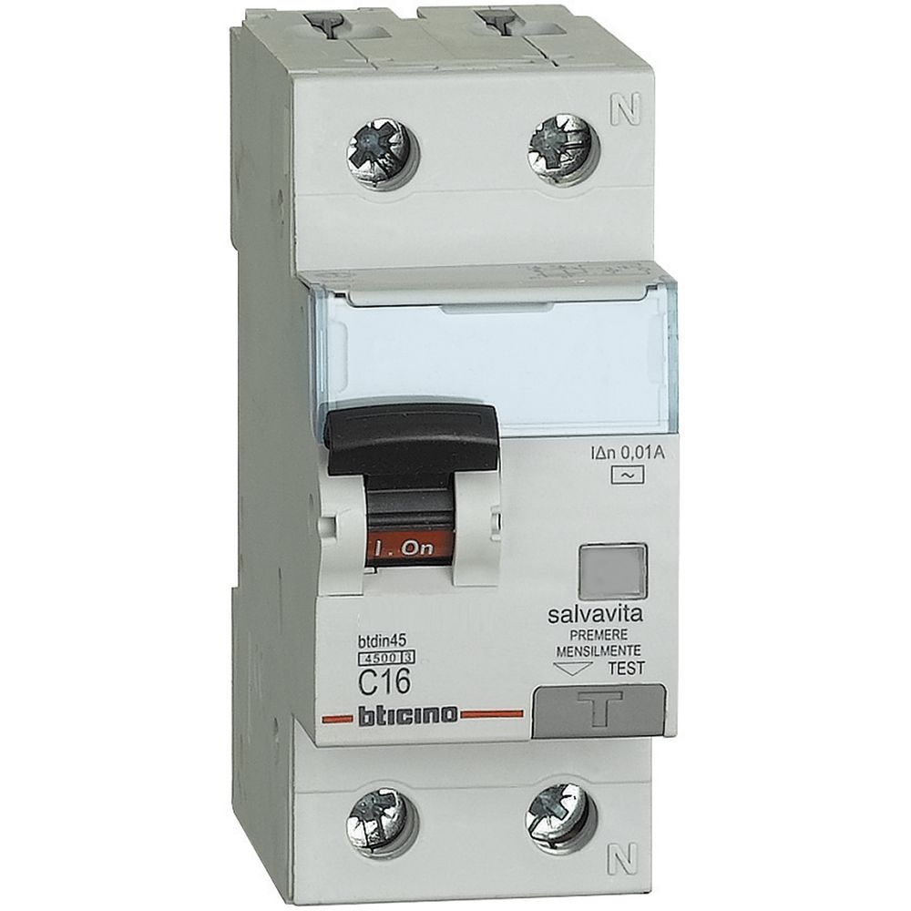 Interruttore Magnetotermico Differenziale Btdin45 1P+N Tipo Ac - In= 16A - Idn= 0.01A BTICINO GA8812AC16