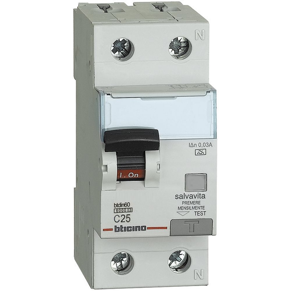 Interruttore Magnetotermico Differenziale Btdin60 1P+N Tipo A - In= 25A - Idn= 0.03A BTICINO GN8813A25