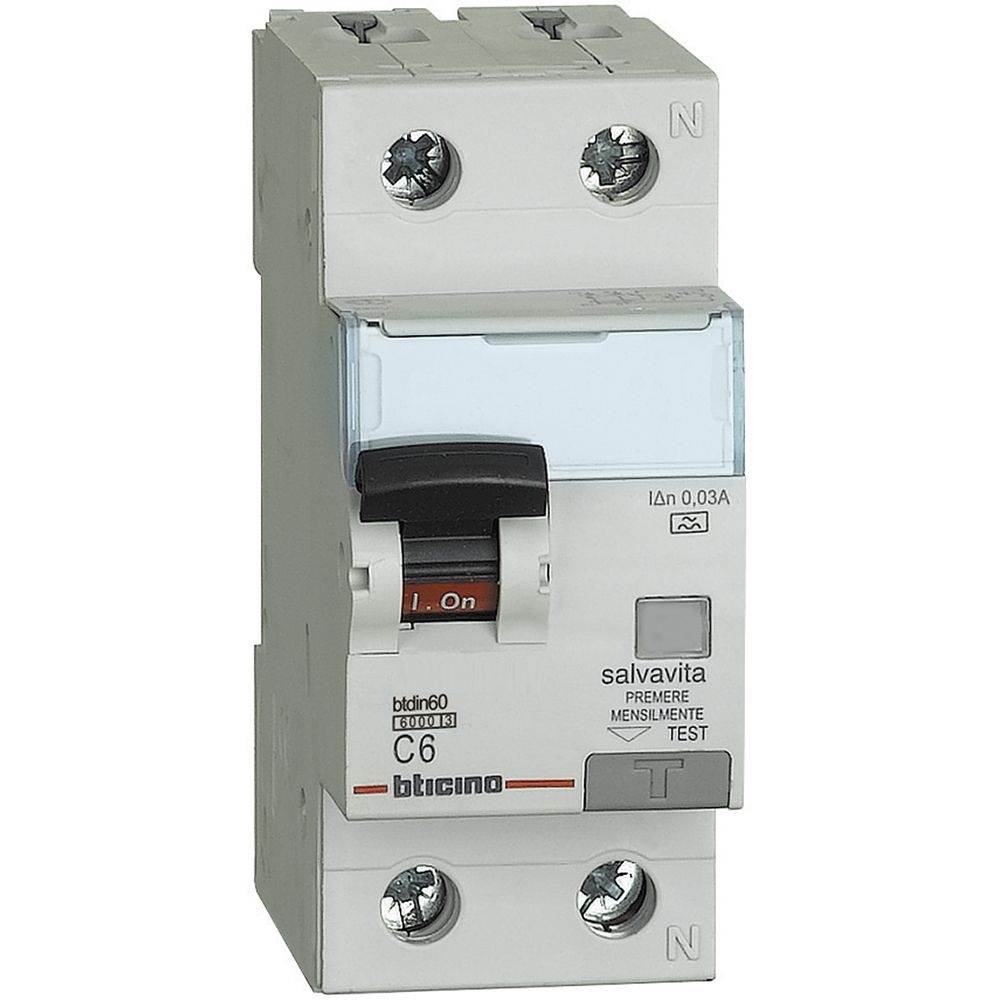 Interruttore Magnetotermico Differenziale Btdin60 1P+N Tipo A - In= 6A - Idn= 0.03A BTICINO GN8813A6