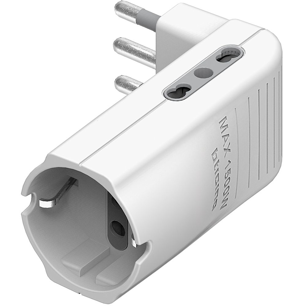 Adattatore Corner Salvaspazio Bianco 2 Prese Bipasso 10/16A E 1 Presa Tedesca BTICINO S3616DE